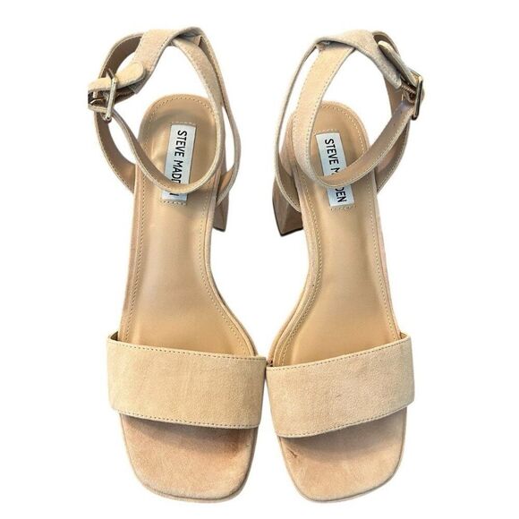 Steve Madden Womens 9.5 Mercerr Buckle Ankle Strap Sandals Tan Suede Block Heel - Picture 3 of 11